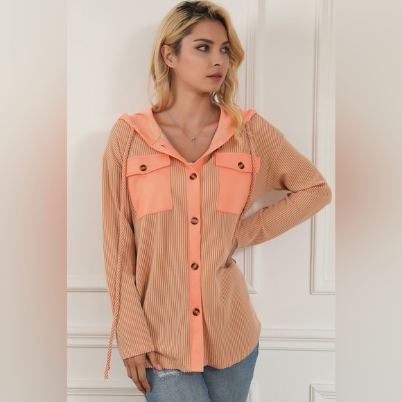 Button Down Drawstring Hooded Jacket - Picture 1 of 4